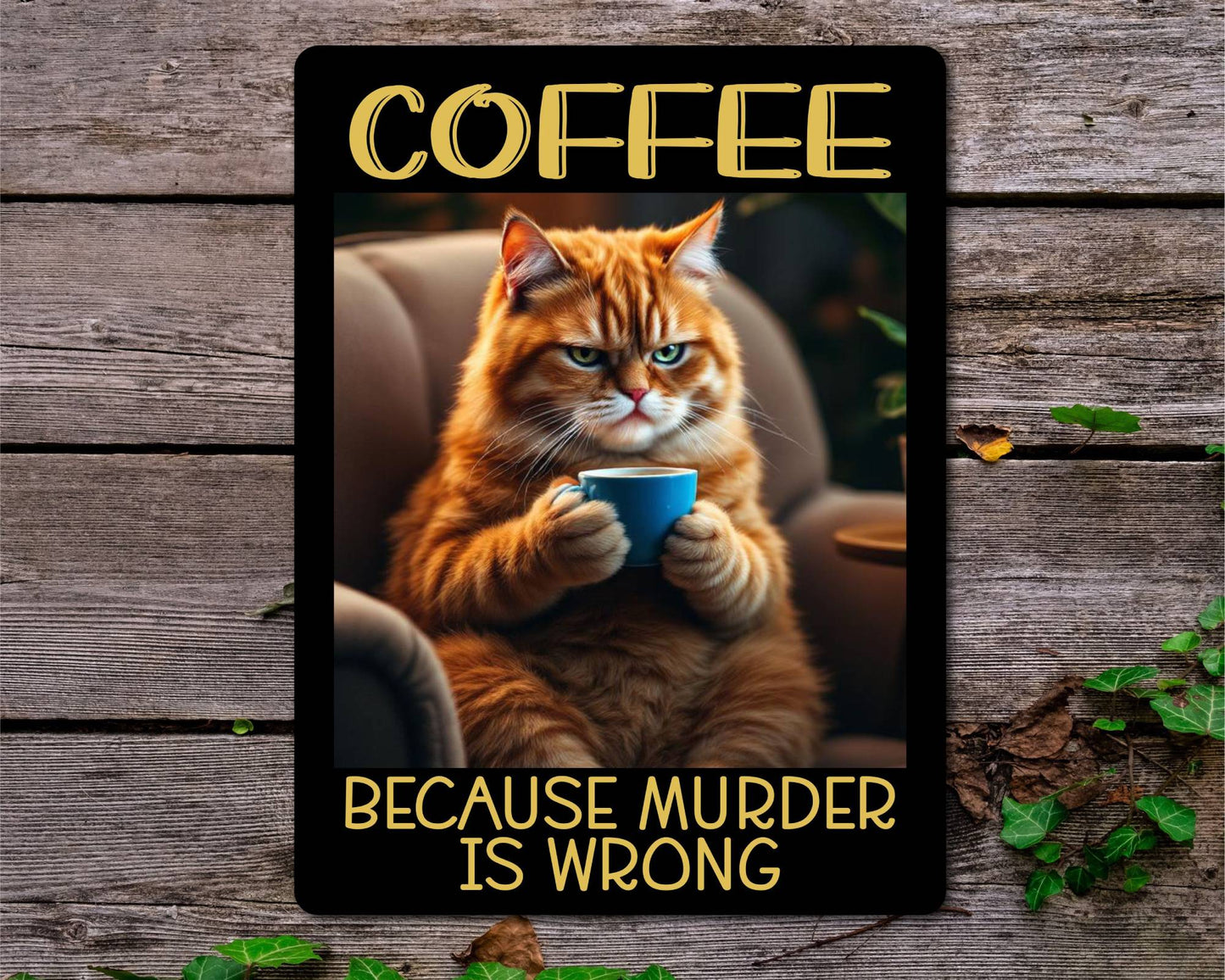 Cat Metal Sign Gift - Coffee Because Murder Is Wrong - Cute Fun Novelty Animal Family Aluminium Present