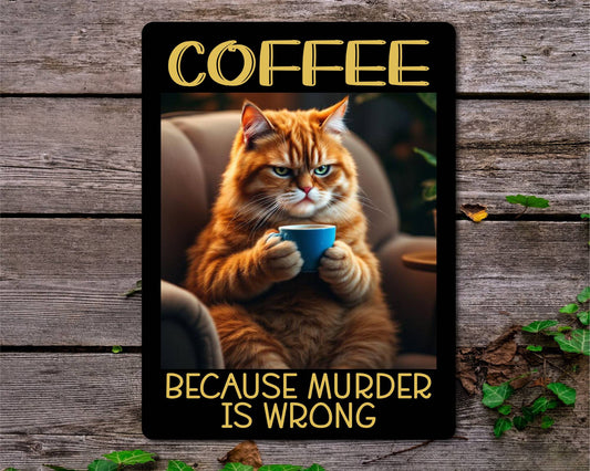 Cat Metal Sign Gift - Coffee Because Murder Is Wrong - Cute Fun Novelty Animal Family Aluminium Present