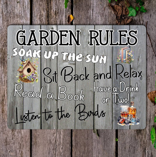 Garden Metal Sign Gift - Garden Rules - Soak Up The Sun - Grey - Cute Fun Novelty Family Aluminium Present