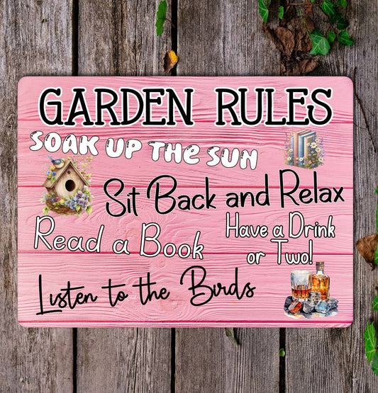 Garden Metal Sign Gift - Garden Rules - Soak Up The Sun - Pink - Cute Fun Novelty Family Aluminium Present