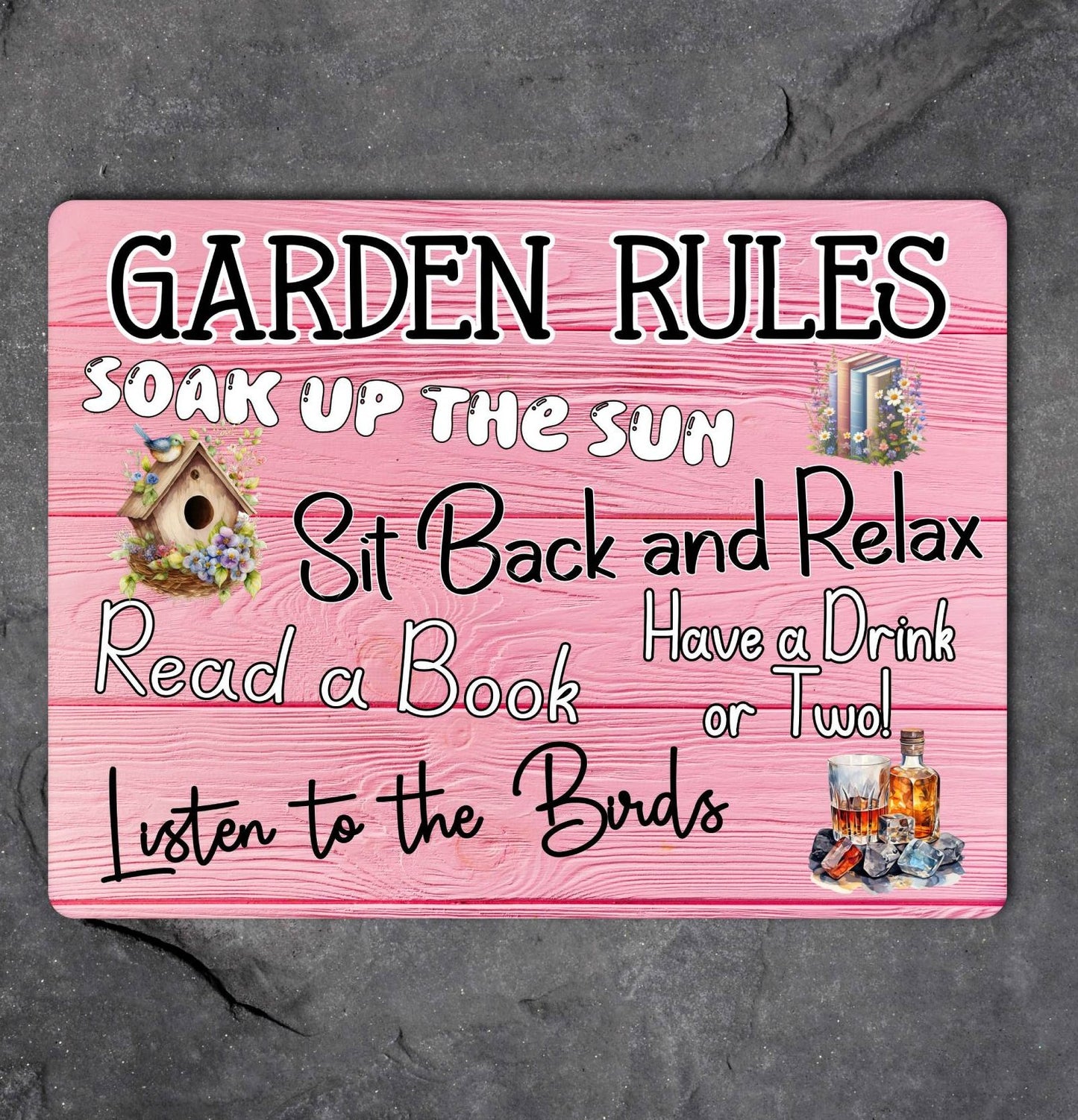 Garden Metal Sign Gift - Garden Rules - Soak Up The Sun - Pink - Cute Fun Novelty Family Aluminium Present
