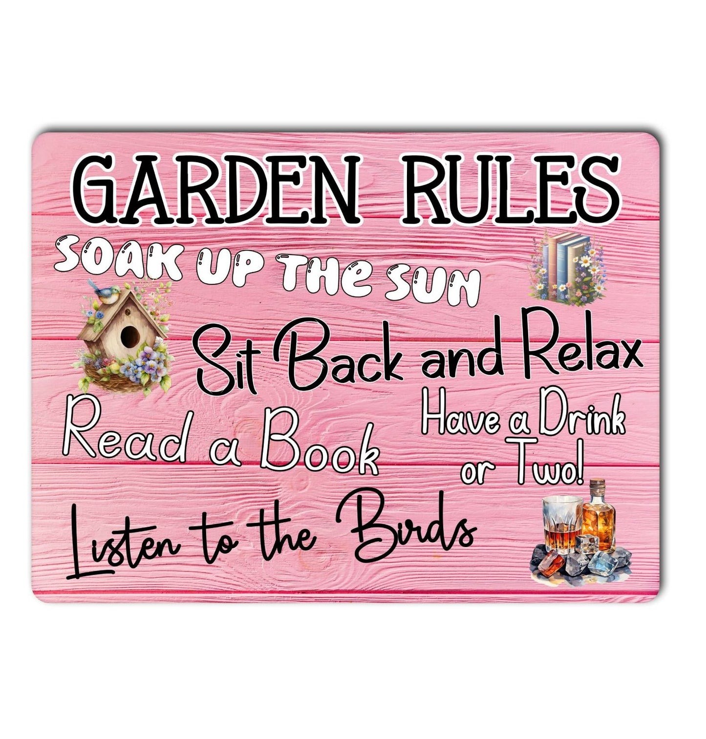 Garden Metal Sign Gift - Garden Rules - Soak Up The Sun - Pink - Cute Fun Novelty Family Aluminium Present