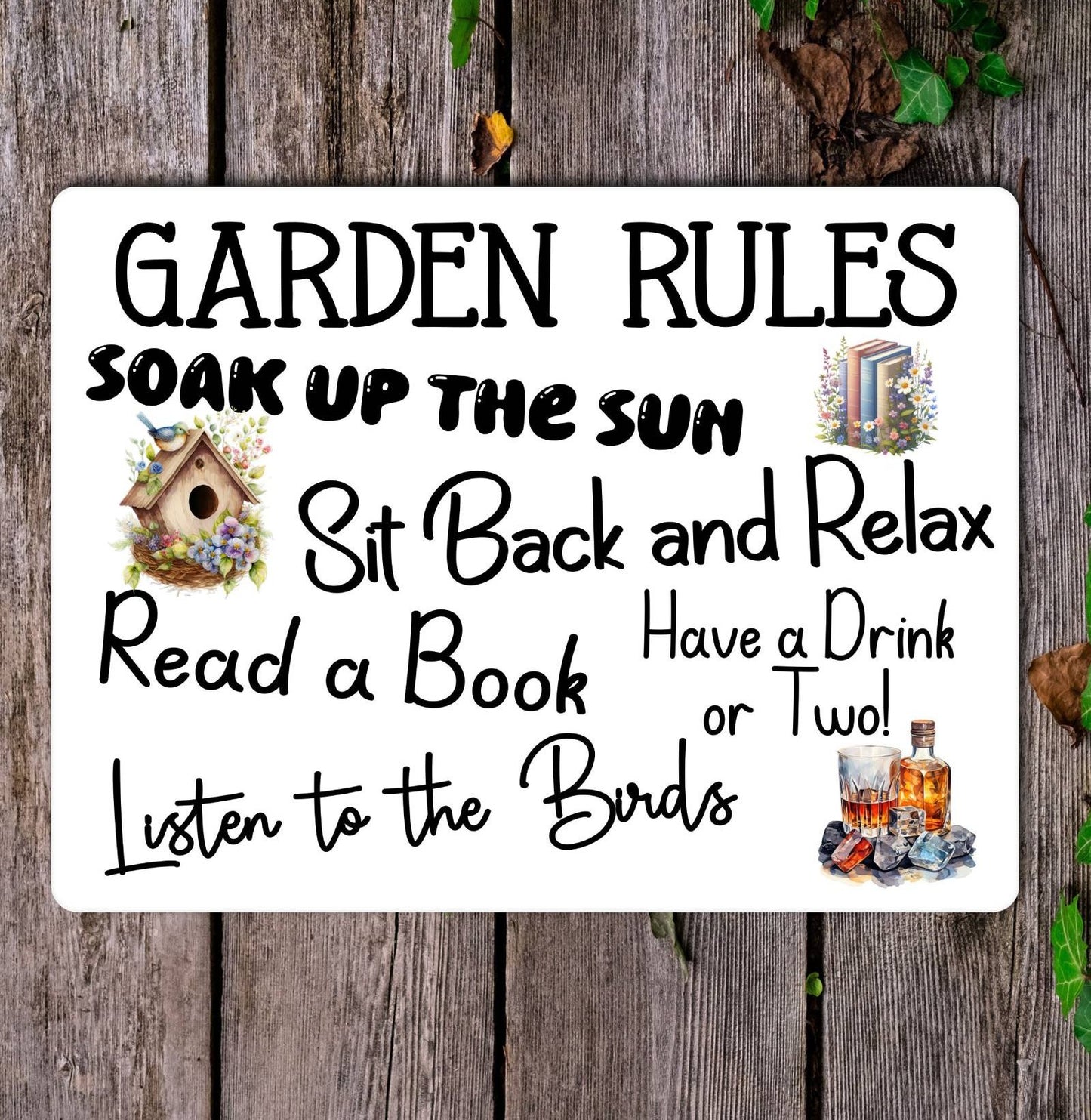 Garden Metal Sign Gift - Garden Rules - Soak Up The Sun - White - Cute Fun Novelty Family Aluminium Present