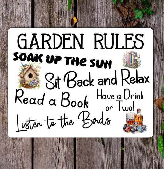 Garden Metal Sign Gift - Garden Rules - Soak Up The Sun - White - Cute Fun Novelty Family Aluminium Present