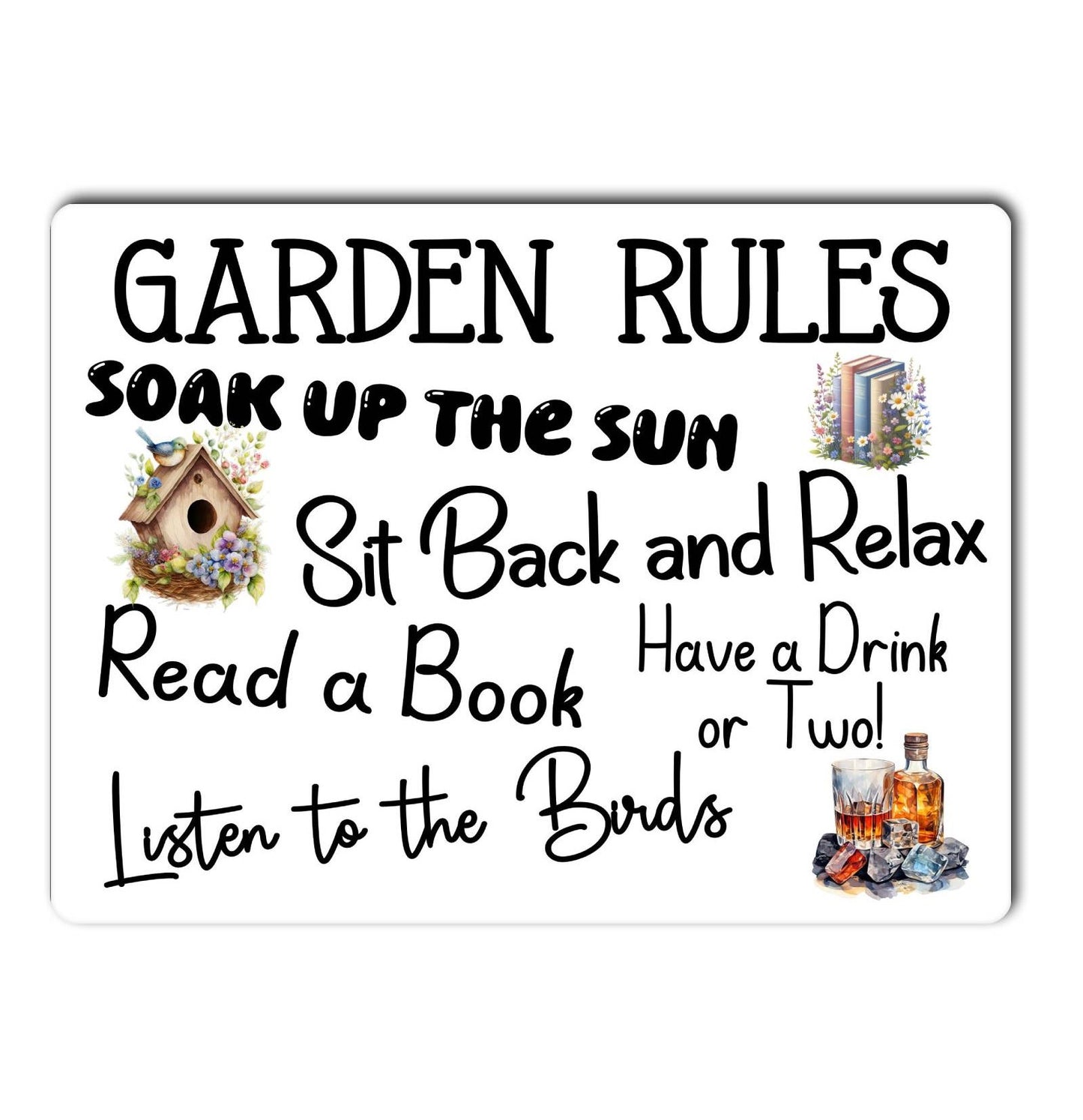 Garden Metal Sign Gift - Garden Rules - Soak Up The Sun - White - Cute Fun Novelty Family Aluminium Present
