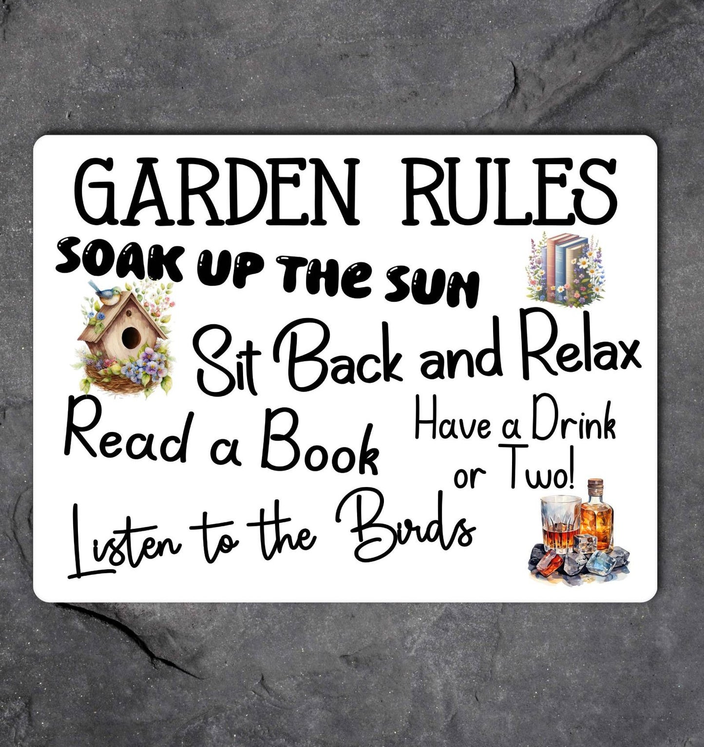 Garden Metal Sign Gift - Garden Rules - Soak Up The Sun - White - Cute Fun Novelty Family Aluminium Present