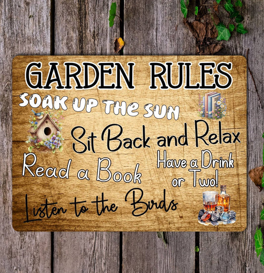 Garden Metal Sign Gift - Garden Rules - Soak Up The Sun - Wooden - Cute Fun Novelty Family Aluminium Present
