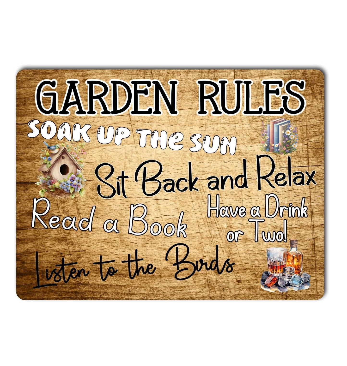 Garden Metal Sign Gift - Garden Rules - Soak Up The Sun - Wooden - Cute Fun Novelty Family Aluminium Present
