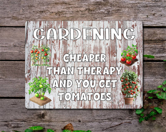Allotment Metal Sign Gift - Gardening Cheaper Than Therapy And You Get Tomatoes - Cute Fun Novelty Family Garden Aluminium Present