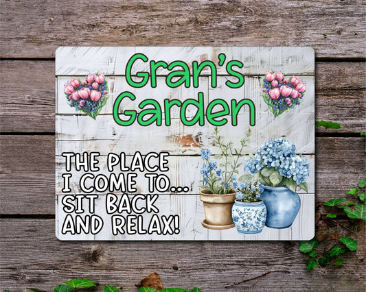 Grandparent Allotment Metal Sign Gift - Gran's Garden - Sit Back And Relax - Cute Fun Novelty Family Aluminium Animal Present