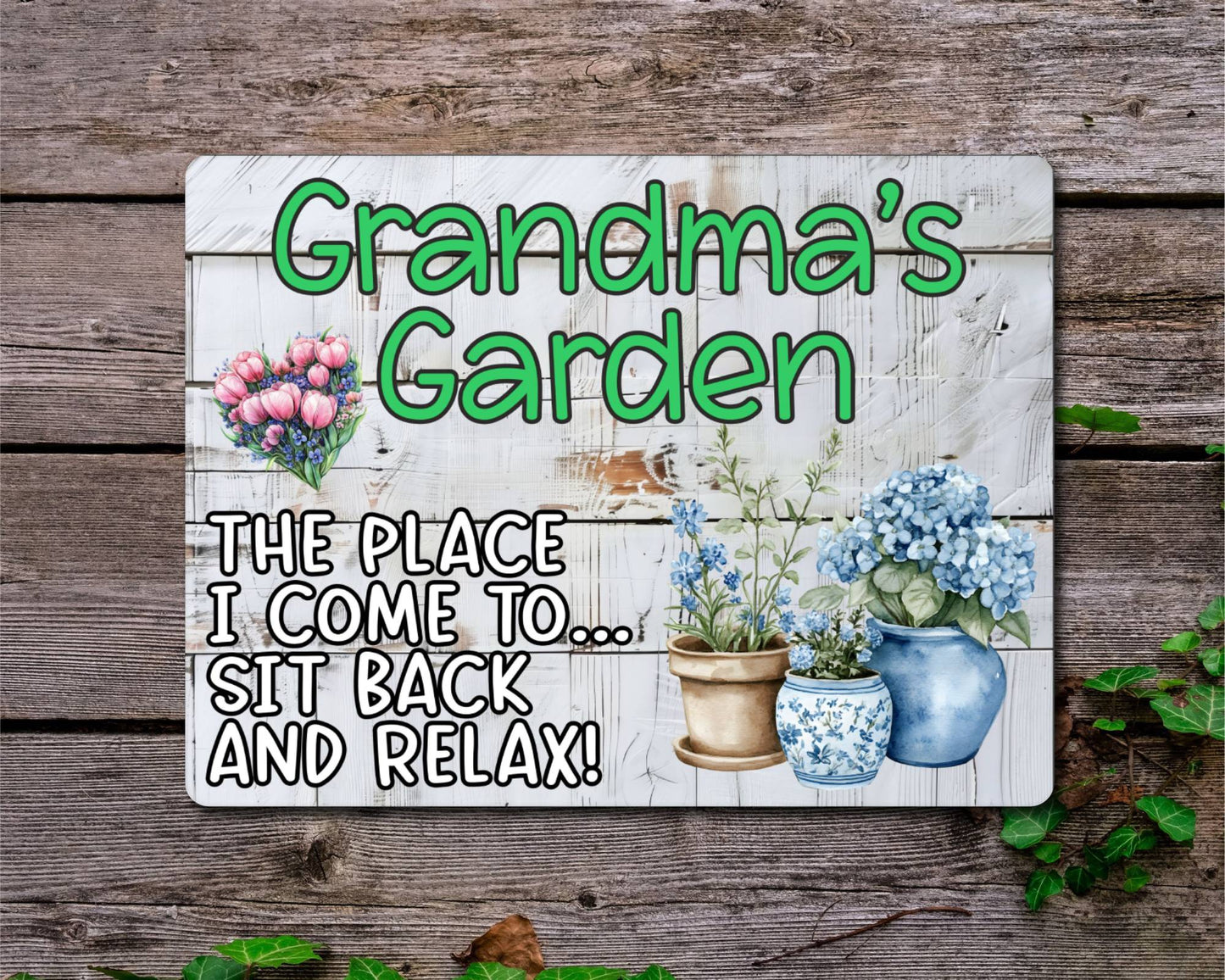 Grandparent Allotment Metal Sign Gift - Grandma's Garden - Sit Back And Relax - Cute Fun Novelty Family Aluminium Animal Present