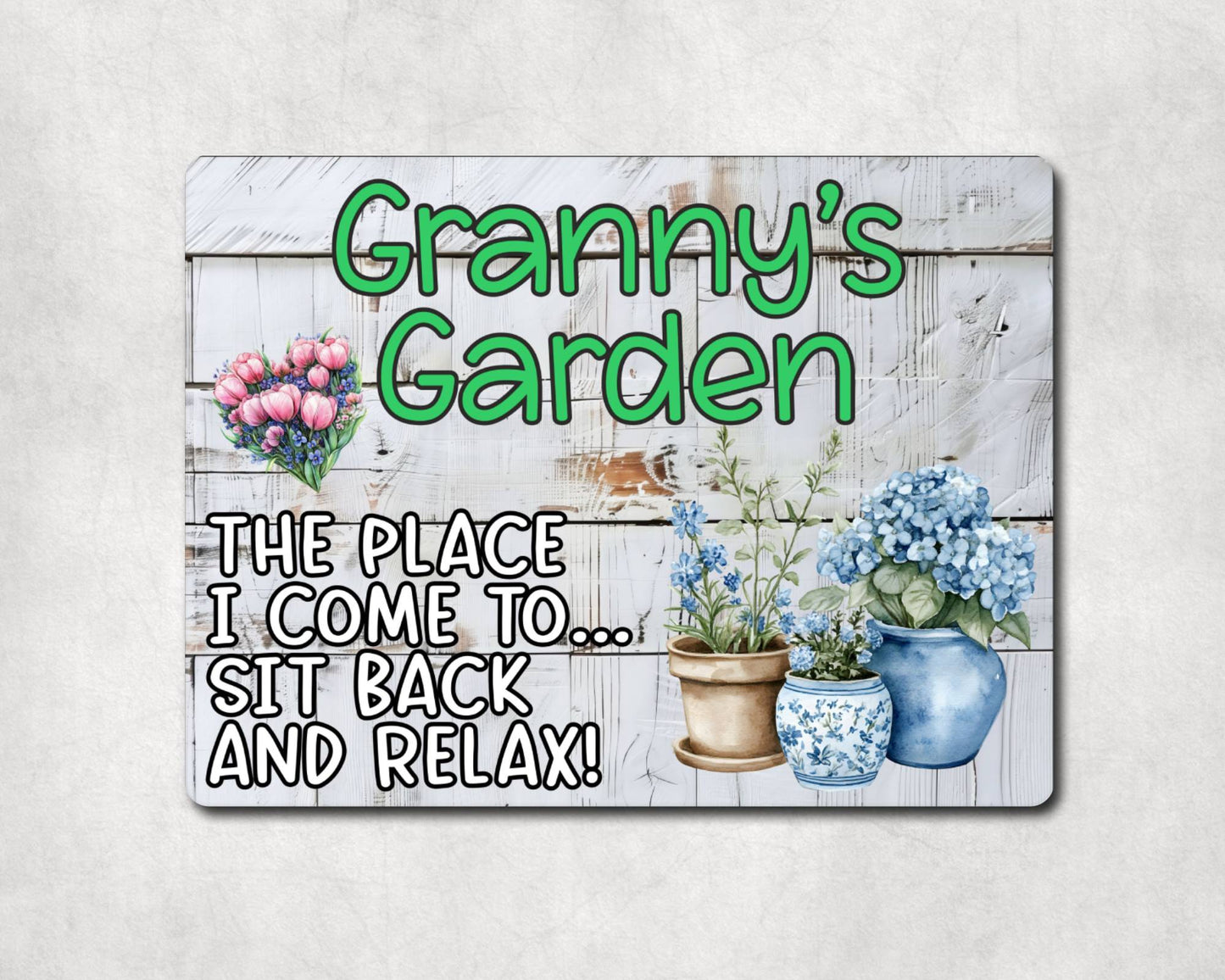 Grandparent Allotment Metal Sign Gift - Granny's Garden - Sit Back And Relax - Cute Fun Novelty Family Aluminium Animal Present