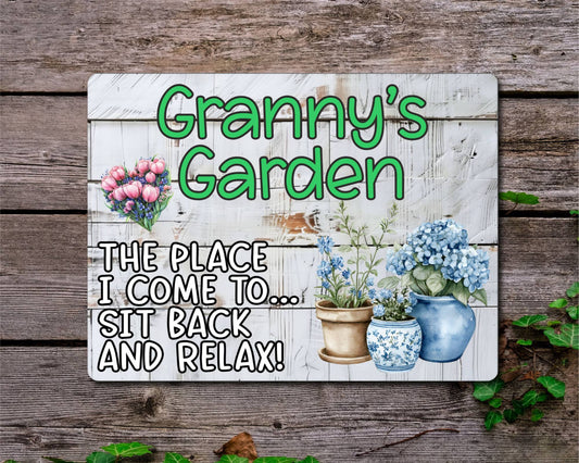Grandparent Allotment Metal Sign Gift - Granny's Garden - Sit Back And Relax - Cute Fun Novelty Family Aluminium Animal Present