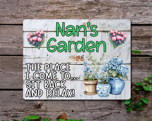 Grandparent Allotment Metal Sign Gift - Nan's Garden - Sit Back And Relax - Cute Fun Novelty Family Aluminium Animal Present