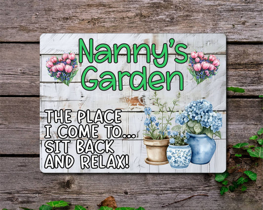 Grandparent Allotment Metal Sign Gift - Nanny's Garden - Sit Back And Relax - Cute Fun Novelty Family Aluminium Animal Present