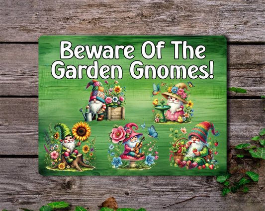 Allotment Metal Sign Gift - Beware Of The Garden Gnomes - Cute Fun Novelty Animal Family Aluminium Present