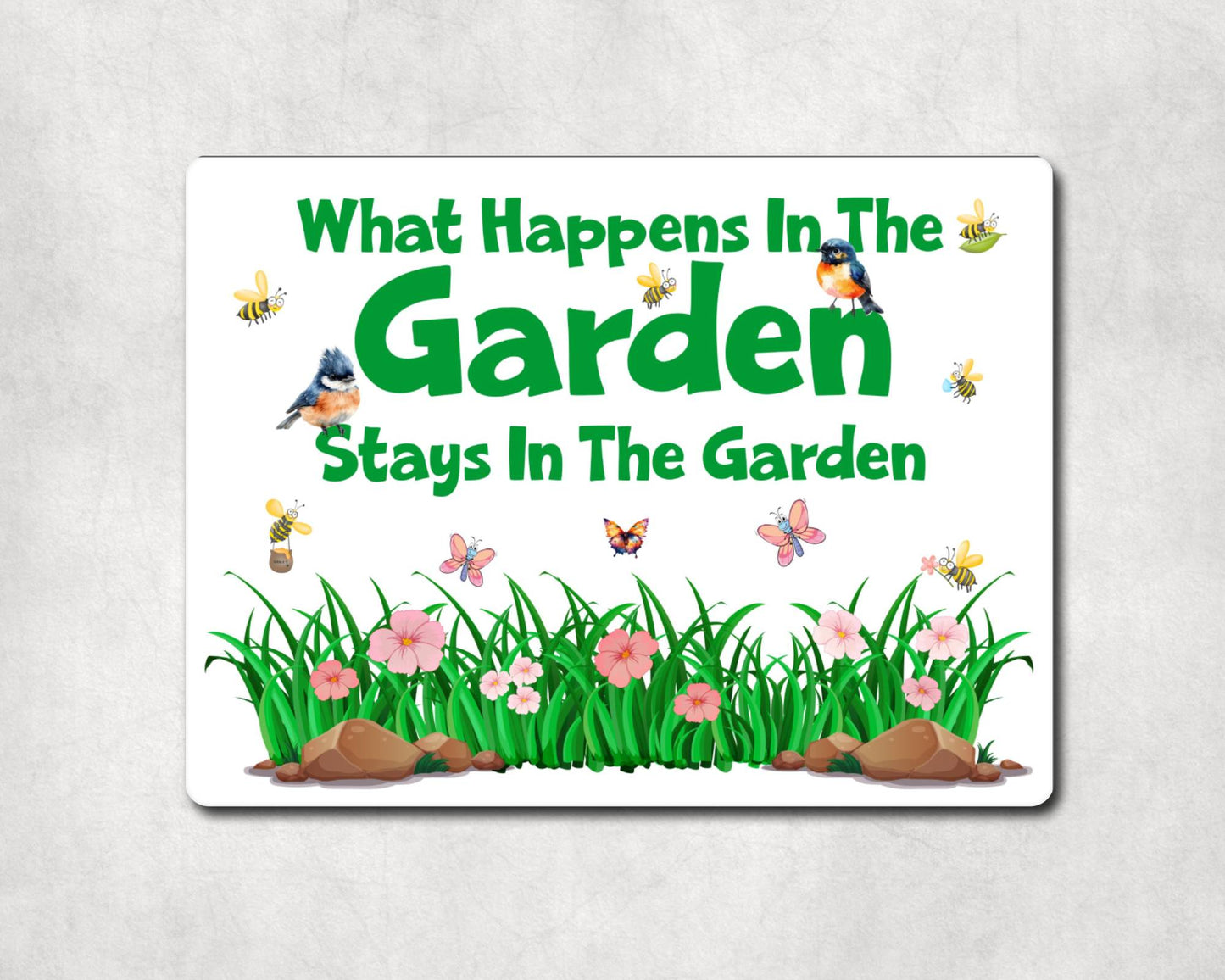 Allotment Metal Sign Gift - What Happens In The Garden Stays In The Garden - Cute Fun Novelty Animal Family Aluminium Present
