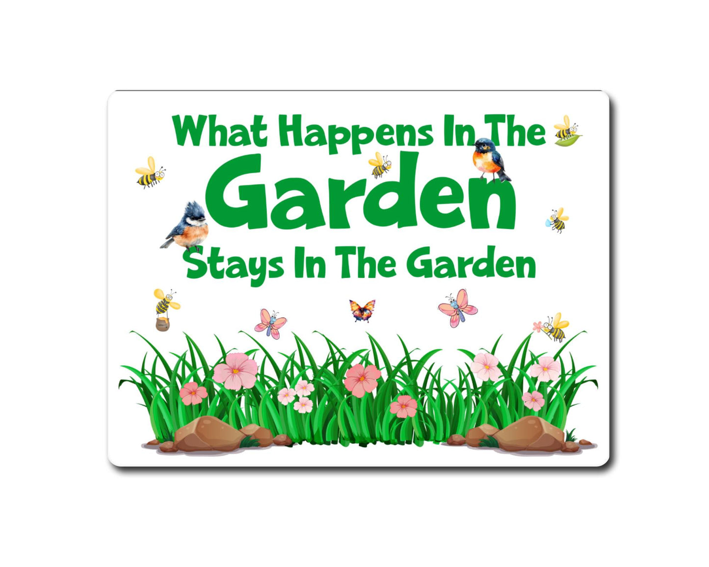 Allotment Metal Sign Gift - What Happens In The Garden Stays In The Garden - Cute Fun Novelty Animal Family Aluminium Present