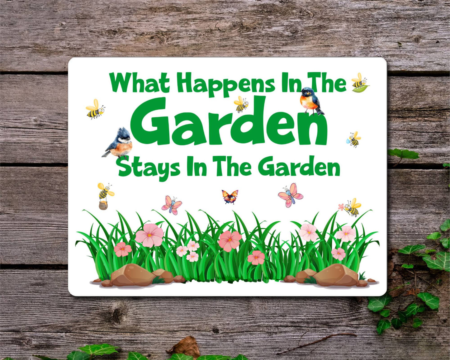 Allotment Metal Sign Gift - What Happens In The Garden Stays In The Garden - Cute Fun Novelty Animal Family Aluminium Present