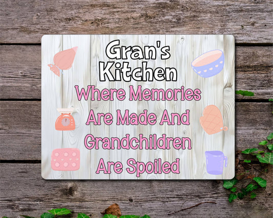 Grandparent Metal Sign Gift - Gran's Kitchen Where Memories Are Made And Grandchildren Are Spoilt - Cute Fun Novelty Family Aluminium Present