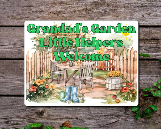 Grandparent Allotment Metal Sign Gift - Grandad's Garden - Little Helpers Welcome - Cute Fun Novelty Family Aluminium Present
