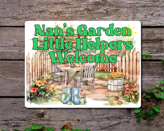 Grandparent Allotment Metal Sign Gift - Nan's Garden - Little Helpers Welcome - Cute Fun Novelty Family Aluminium Present