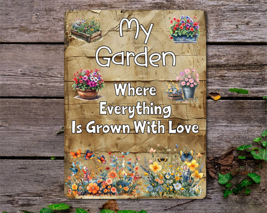 Allotment Metal Sign Gift - My Garden Where Everything Is Grown With Love - Cute Fun Novelty Family Aluminium Present