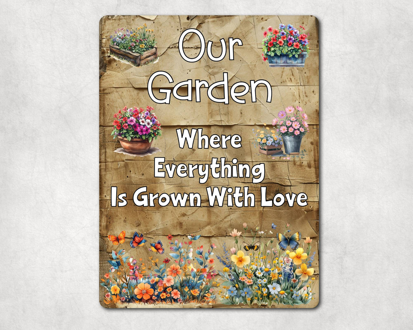 Allotment Metal Sign Gift - Our Garden Where Everything Is Grown With Love - Cute Fun Novelty Family Aluminium Present