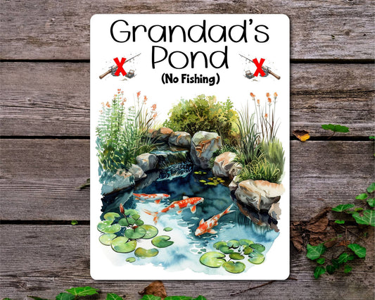 Fish Metal Sign Gift - Grandad's Pond - No Fishing - Cute Fun Novelty Family Garden Aluminium Present
