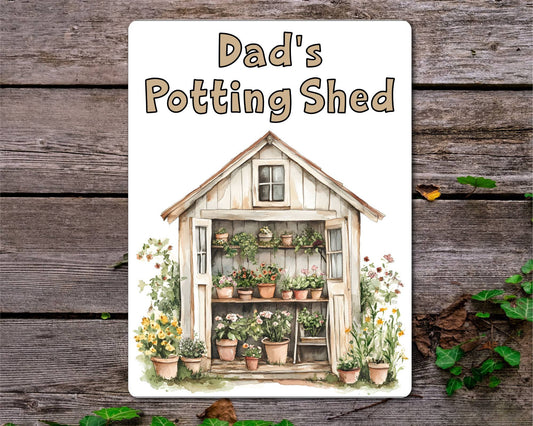 Gardening Metal Sign Gift - Dad's Potting Shed - Beige - Cute Fun Novelty Family Aluminium Present