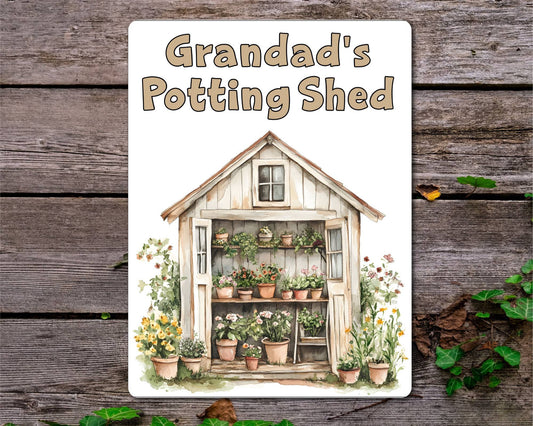 Gardening Metal Sign Gift - Grandad's Potting Shed - Beige - Cute Fun Novelty Family Aluminium Present
