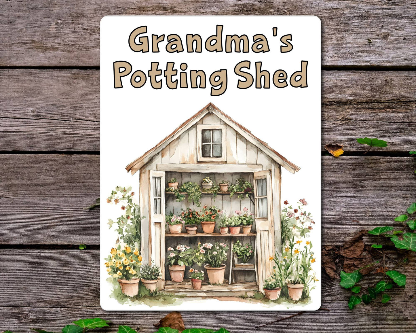 Gardening Metal Sign Gift - Grandma's Potting Shed - Beige - Cute Fun Novelty Family Aluminium Present