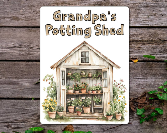 Gardening Metal Sign Gift - Grandpa's Potting Shed - Beige - Cute Fun Novelty Family Aluminium Present