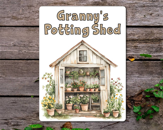 Gardening Metal Sign Gift - Granny's Potting Shed - Beige - Cute Fun Novelty Family Aluminium Present