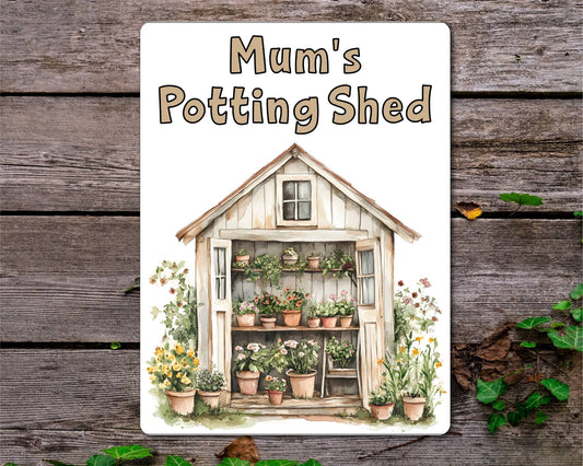 Gardening Metal Sign Gift - Mum's Potting Shed - Beige - Cute Fun Novelty Family Aluminium Present