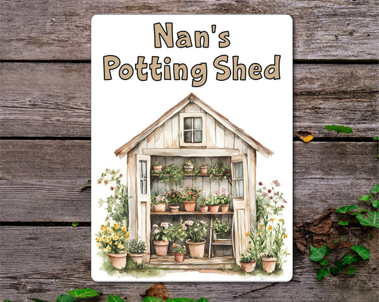 Gardening Metal Sign Gift - Nan's Potting Shed - Beige - Cute Fun Novelty Family Aluminium Present