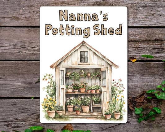 Gardening Metal Sign Gift - Nanna's Potting Shed - Beige - Cute Fun Novelty Family Aluminium Present