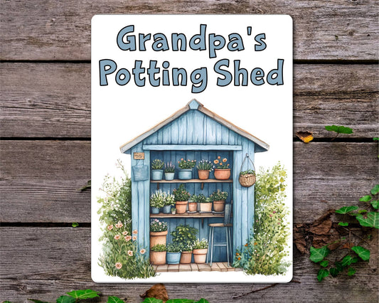 Gardening Metal Sign Gift - Grandpa's Potting Shed - Blue - Cute Fun Novelty Family Aluminium Present