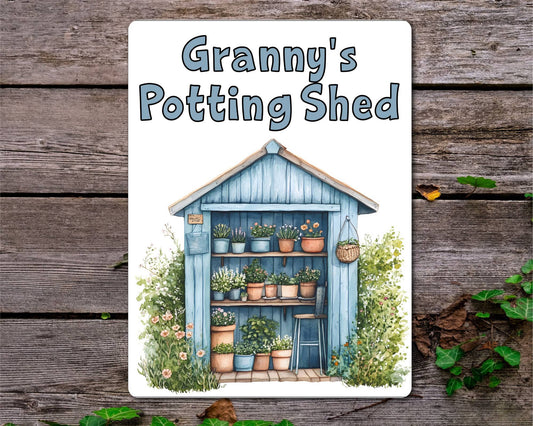 Gardening Metal Sign Gift - Granny's Potting Shed - Blue - Cute Fun Novelty Family Aluminium Present