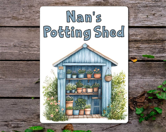 Gardening Metal Sign Gift - Nan's Potting Shed - Blue - Cute Fun Novelty Family Aluminium Present