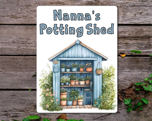 Gardening Metal Sign Gift - Nanna's Potting Shed - Blue - Cute Fun Novelty Family Aluminium Present