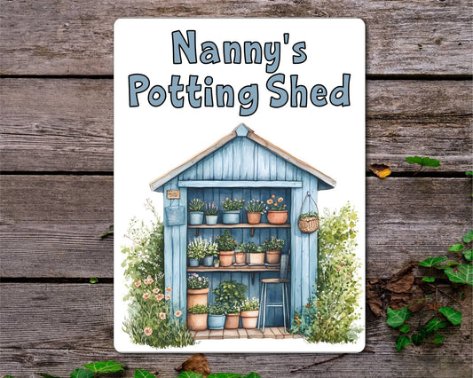 Gardening Metal Sign Gift - Nanny's Potting Shed - Blue - Cute Fun Novelty Family Aluminium Present