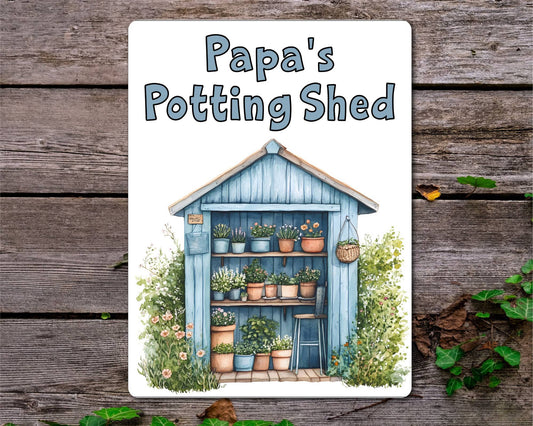 Gardening Metal Sign Gift - Papa's Potting Shed - Blue - Cute Fun Novelty Family Aluminium Present