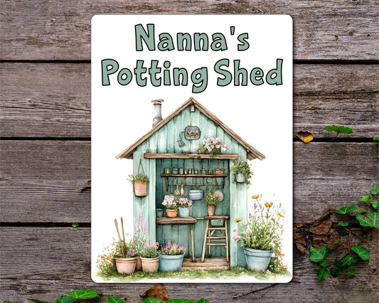 Gardening Metal Sign Gift - Nanna's Potting Shed - Green - Cute Fun Novelty Family Aluminium Present