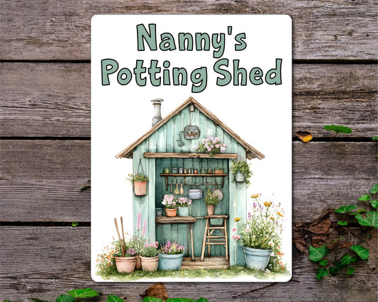 Gardening Metal Sign Gift - Nanny's Potting Shed - Green - Cute Fun Novelty Family Aluminium Present