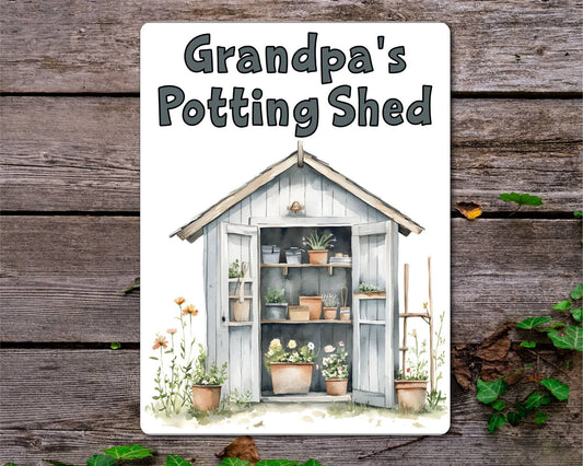Gardening Metal Sign Gift - Grandpa's Potting Shed - Grey - Cute Fun Novelty Family Aluminium Present