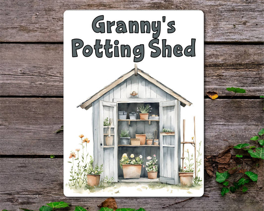 Gardening Metal Sign Gift - Granny's Potting Shed - Grey - Cute Fun Novelty Family Aluminium Present