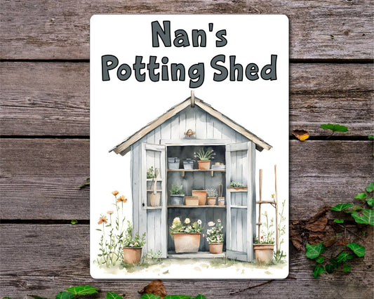 Gardening Metal Sign Gift - Nan's Potting Shed - Grey - Cute Fun Novelty Family Aluminium Present