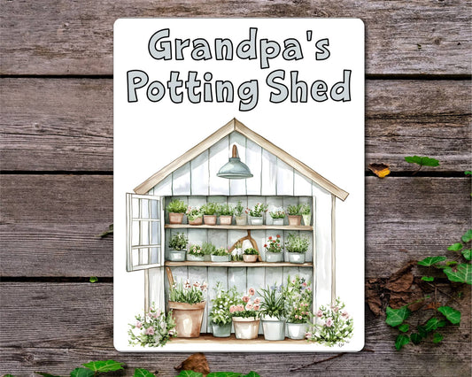 Gardening Metal Sign Gift - Grandpa's Potting Shed - White - Cute Fun Novelty Family Aluminium Present