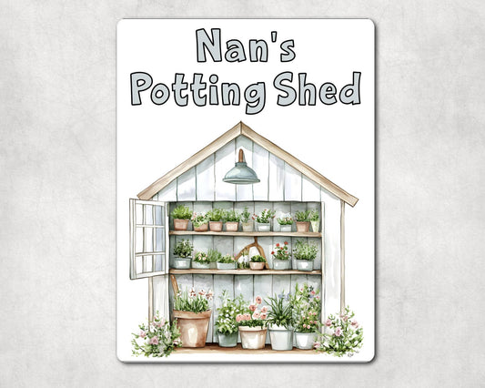 Gardening Metal Sign Gift - Nan's Potting Shed - White - Cute Fun Novelty Family Aluminium Present